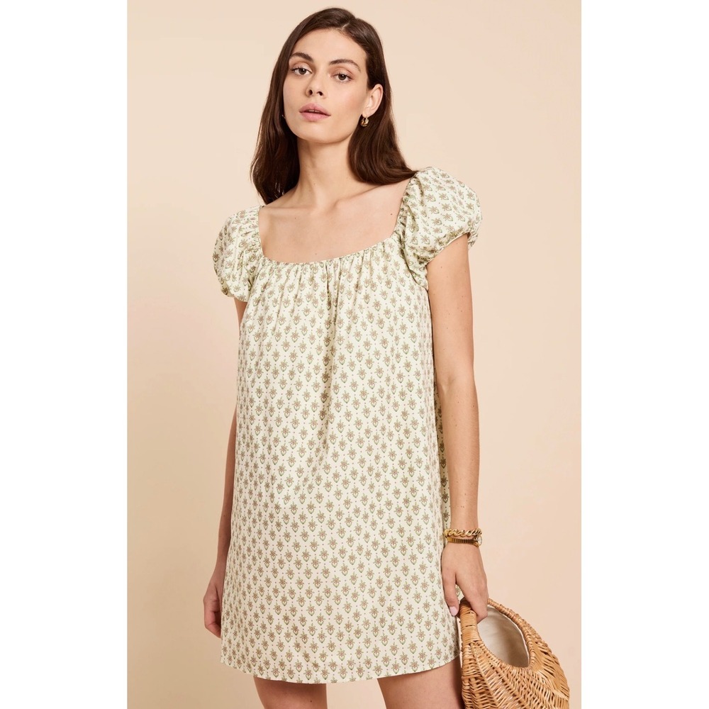 Few Moda Kourt Women Floral Cotton Mini Dress Puff Sleeve White Green M NEW